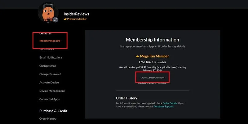 Click Membership Info & Click Cancel Membership