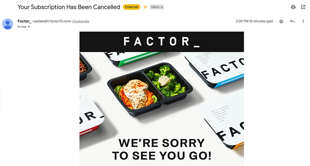 Factor Meals Cancelation Email Confirmation