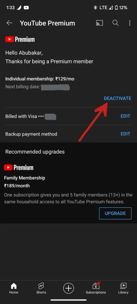 Deactivate YouTube Premium Android