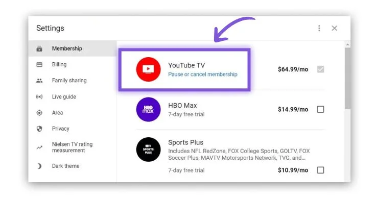 Select Membership Tab and Then Click YouTube TV